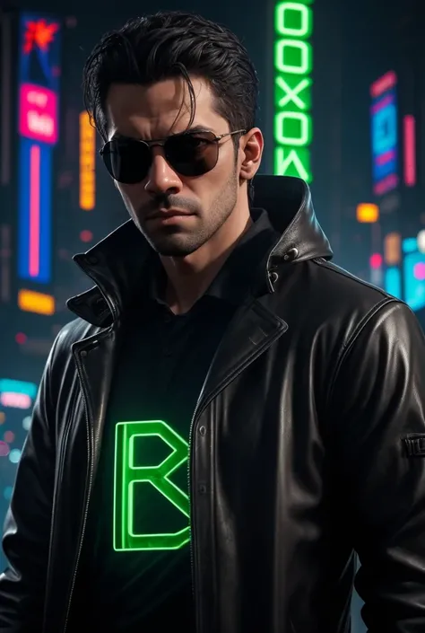 ((Masterpiece)), ((ultra-detailed, 8k quality)), (top quality), (best composition), (high resolution), half-body portrait of a man wearing sunglasses, dressed in a leather trench coat reminiscent of the characters from ‘The Matrix’, set against a backdrop ...