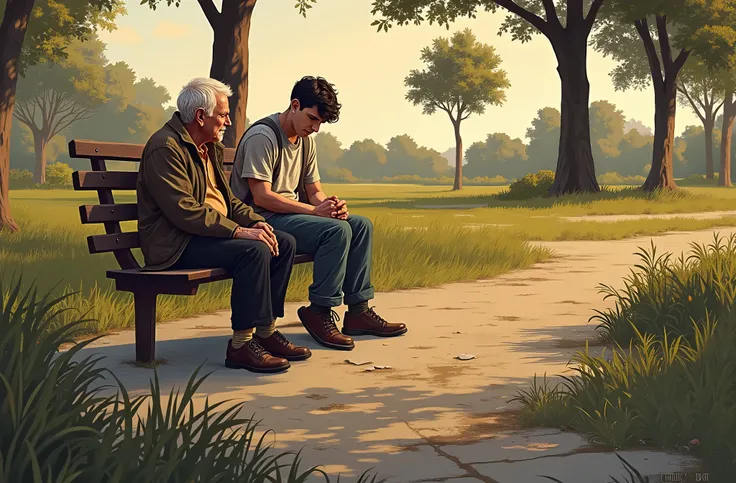 grandfather and young man sitting on a bench, high resolution, best quality, in detail, Realistic anatomy