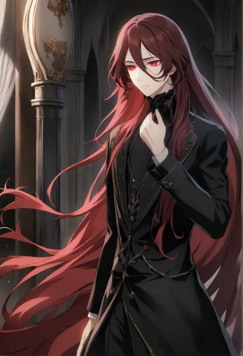 1 boy, dark red hair, long hair, red eyes, lifeless eyes, Fyodor Dostoyevsky, elegant black clothes, CG