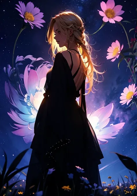 １people々々々々々々々々々々々々々,Blonde long hair woman， camisole，silhouette， Rear View，Space Sky, Flower Field，Colorful flowers