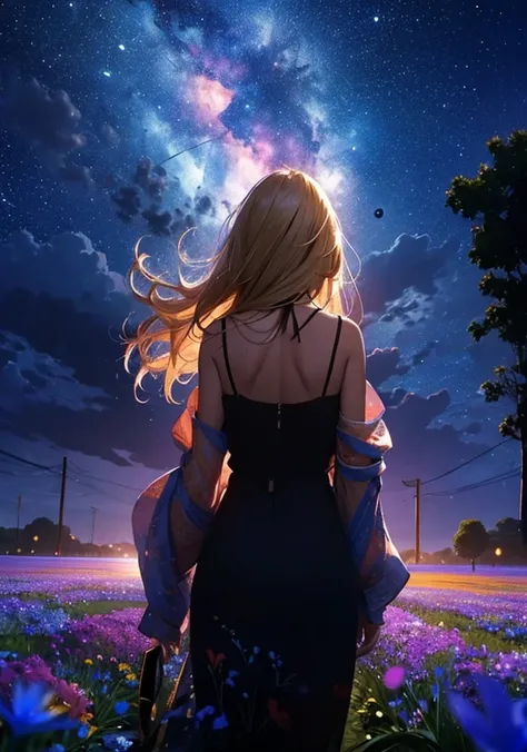 １people々々々々々々々々々々々々々,Blonde long hair woman， camisole，silhouette， Rear View，Space Sky, Flower Field，Colorful flowers