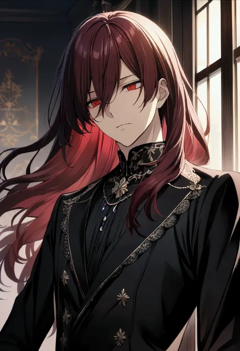 1 boy, dark red hair, long hair, red eyes, lifeless eyes, Fyodor, elegant black clothes, CG