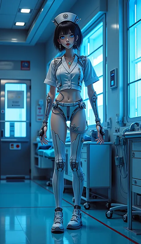 (32K:1.9, Cyber Expressions:1.9, Best Quality, masterpiece, Ultra-high resolution), Perfect Dynamic Configuration:1.3, Detailed skin and face textures:1.3, (Futuristic Hospital, Lots of futuristic medical equipment:1.3, Professional high angle camera work,...