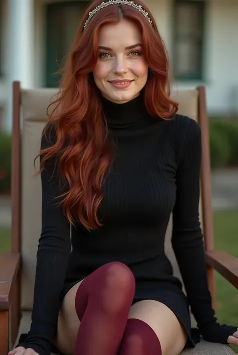 Realistic upper body of a beautiful young 20 years old German woman with long darkred hair, headband, Necklace, smile. Beautiful legs and high heels , She sits on a deck chair, She wears a short black knitted dress with long sleeves and burgundy pantyhose,...