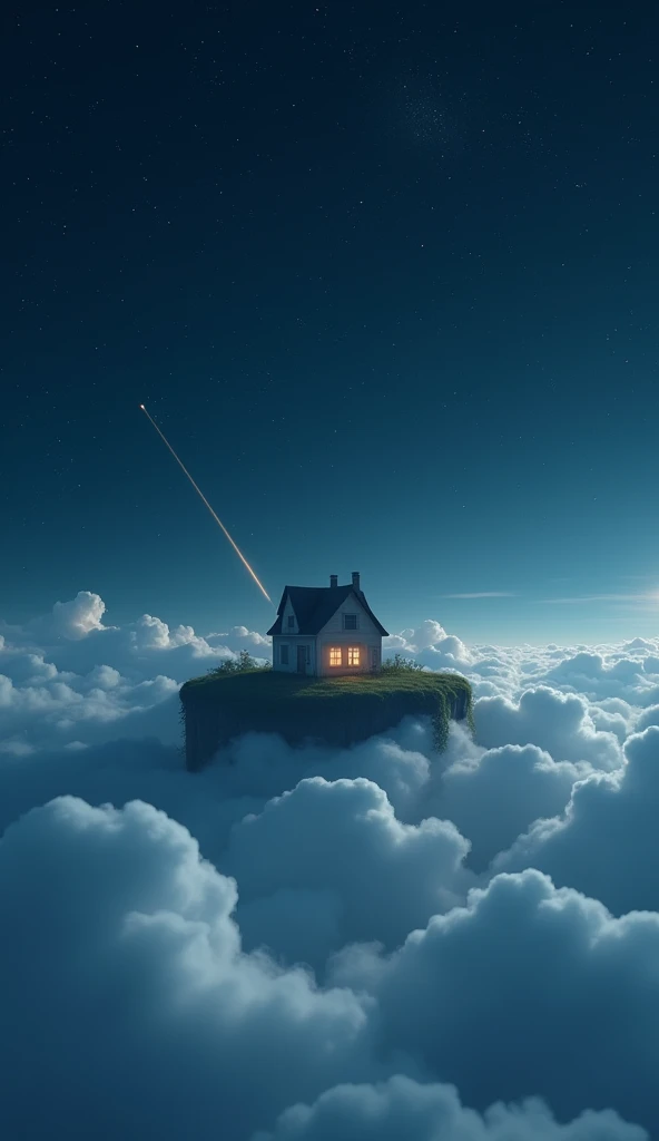 Night Sky、Shooting Star、A small house floating on the clouds、Another world、8k、The surrounding area is a sea of clouds、The windows of the house are clouded over and a gentle light is pouring in through the windows.、There is a chimney