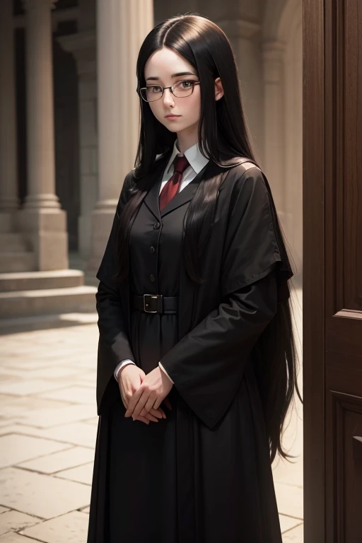 A shy Witness of Jehovah Woman, very long black hair, glasses, pale skin