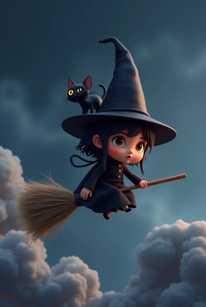 3D animation chibi cartoon. Full body imageof a girl wearing black witch outfit with tall witch hat with a black cat with glow golden eyes sits on her hat. Shes sitting on a magic broom flying  fun and exciting amidst grey sky at night. black clouds, UHD, ...