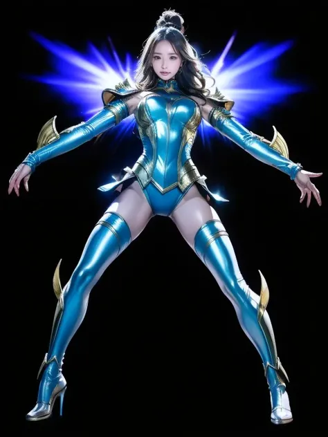 Full Body Shot, Very detailed, The costumes were inspired by heroes.、8k, Actual Photos, impressive lighting, Dynamic action poses, Great energy effect, Metallic color palette, Simple costume design, Advanced Technology, Heroic and powerful, The background ...