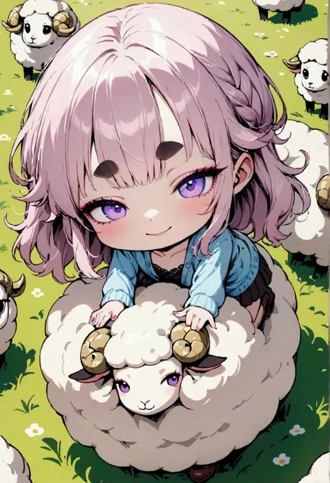 One cute girl,(Best Quality,Extremely detailed depiction,Incredible high resolution,High quality anime drawings),Deformed Character,Mascot character,Pink Hair,Fluffy hair,sheep毛のような髪の毛,Purple eyes,Half-closed eyes:1.3,Thick eyebrows,one piece,Pink clothes,...