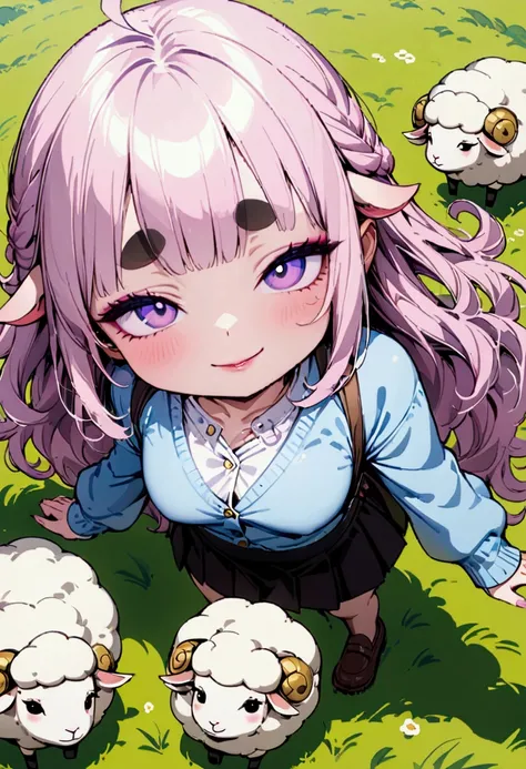 One cute girl,(Best Quality,Extremely detailed depiction,Incredible high resolution,High quality anime drawings),Deformed Character,Mascot character,Pink Hair,Fluffy hair,sheep毛のような髪の毛,Purple eyes,Half-closed eyes:1.3,Thick eyebrows,one piece,Pink clothes,...