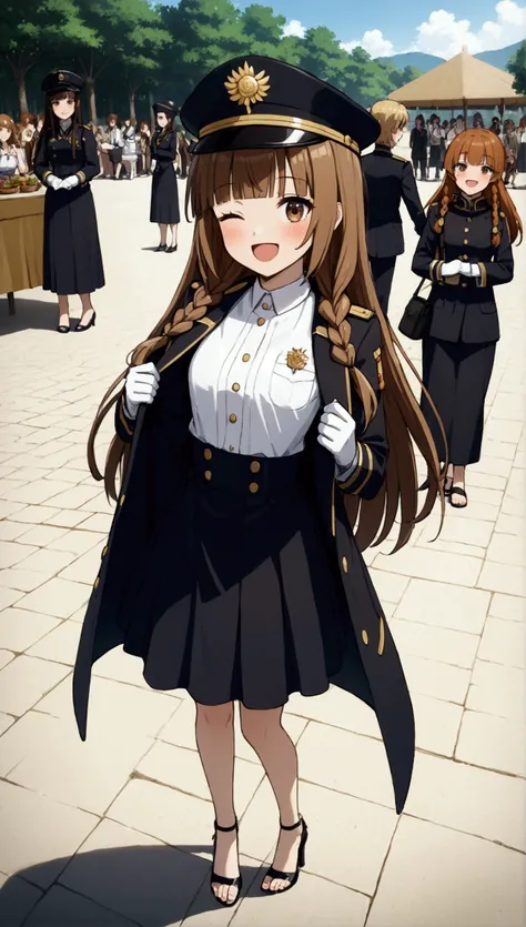 {Best Quality}, {Very beautiful},{Ultra fine},{Best illustration},Brown Hair,Hime cut,Long Hair,Braids,Standing Woman,Woman guarding,Adult women,smile,Excited face,Wink,Uniform cap,White Shirt,Black long coat,long black skirt,White gloves,Around town,Summe...