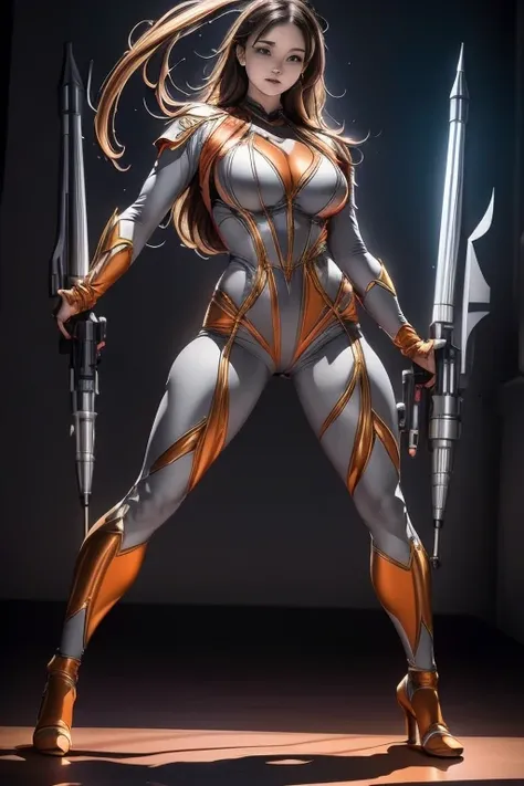 Full Body Shot, Very detailed, The costumes were inspired by heroes.、8k, Actual Photos, impressive lighting, Dynamic action poses, Great energy effect, Metallic Orange Color Palette, Simple costume design, Advanced Technology, Heroic and powerful, The back...