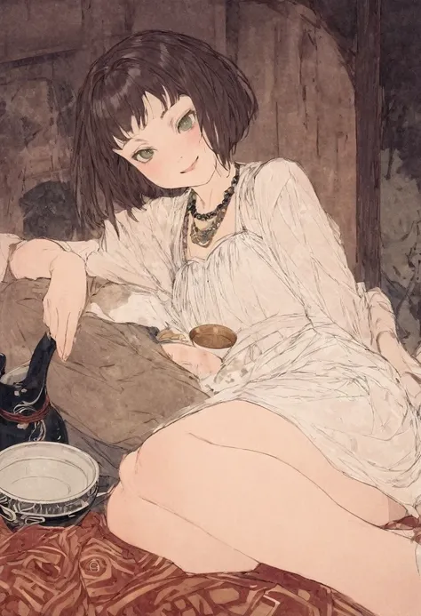 1 petit little-fat girl, drooping eyes, smile, blush, portrait, short legs, lethargy, black-green short low twintails hair, short bangs, very cute, happy, elegant pose, drink sake, palace, luxury, majesty, old pottery on table, hold old-pottery sake-cup, n...