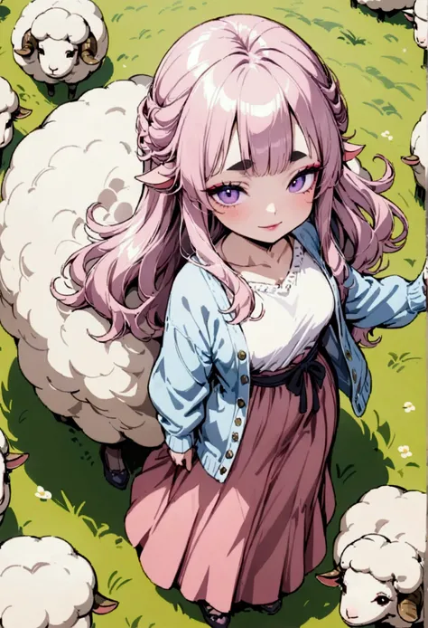 One cute girl,(Best Quality,Extremely detailed depiction,Incredible high resolution,High quality anime drawings),Pink Hair,Fluffy hair,sheep毛のような髪の毛,Purple eyes,Half-closed eyes:1.3,Thick eyebrows,one piece,Pink clothes,Long skirt,Light blue cardigan,Brown...