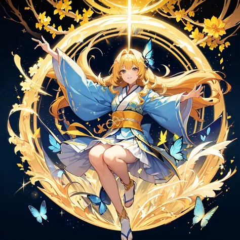 ((High resolution　Yellow Hair　Long Hair　Goddess of Victory　1 person　Lonely　smile))　((Blue Butterfly　night　Japanese Style　old　Shining Aura　rainbow))　(dance　Blade of Light　Shining Holy Sword　Swing Down　Slash)　moon　star　Draw your sword　Slash　Catching the Wind...