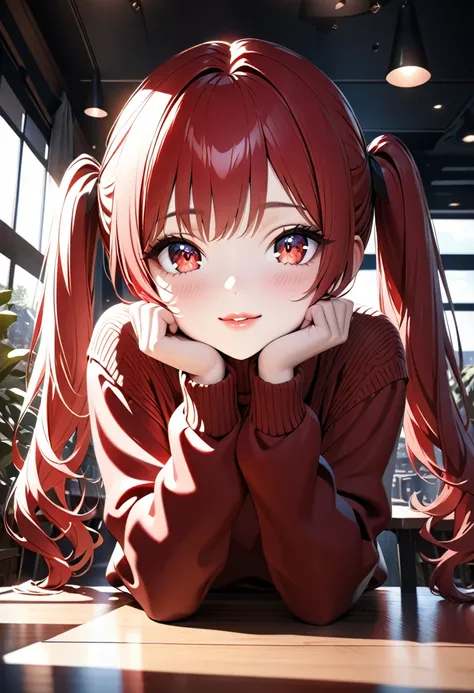  [bestquality,4K,8k,highres,masterpiece:1.3],ultra-detailed,[realistic,photorealistic,photo-realistic:1.2],HDR,UHD,[Ultra-high-resolution, realistic 3DCG art].A red-haired girl with twin tails, Place both hands on cheeks, Sleeves are longer than the wrist,...