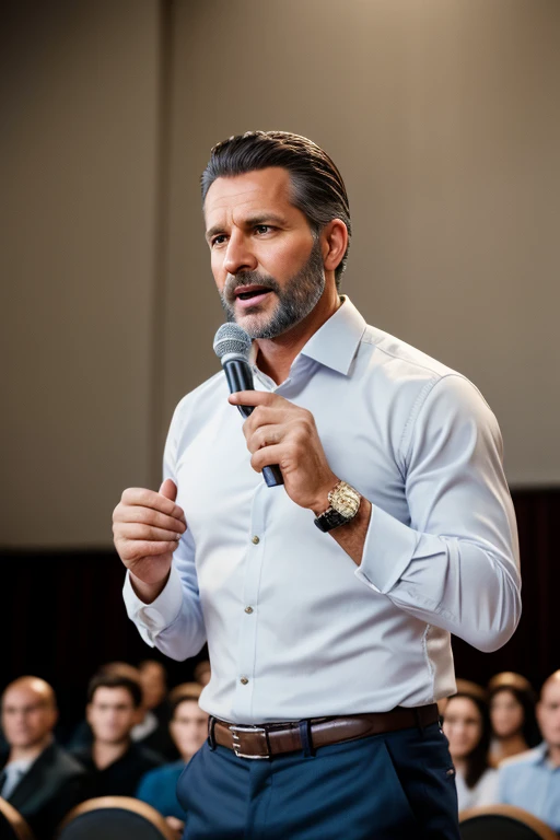 handsome male 40 years old, brushback hair wearing a casual clothes preaching with microphone highlights with Men Wedding Ring detailed, auditorium hall talking with a young people hiquality, with a ring, hazel eyes, hyper-realistic, speaking happy, Realis...