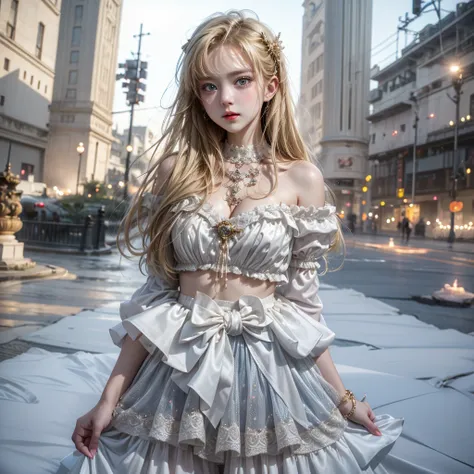 One young beautiful girl。Fair skin、round face、cute。She has a great figure and long, slender legs.。The background is a hill covered with fantastic white Phalaenopsis orchids.、A rainbow appears。Goth Off Shoulder、Off West、Dark blue fabric、Intricate gold decor...