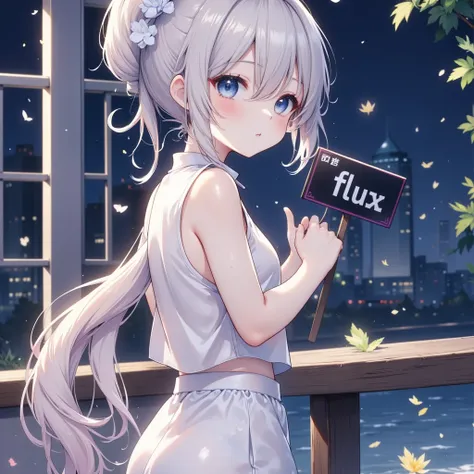 japanese anime, one girl, solo, night , having a sign written"flux"