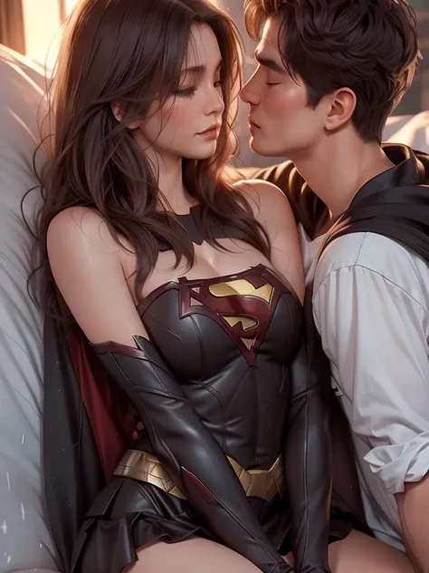 batman tenderly embraces supergirl from behind, his right hand gently cradling her. his hand rests on her upper thigh, creating ...