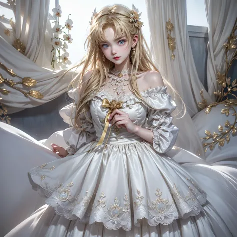 One young beautiful girl。Fair skin、round face、cute。She has a great figure and long, slender legs.。The background is a hill covered with fantastic white Phalaenopsis orchids.、A rainbow appears。Goth Off Shoulder、Off West、Dark blue fabric、Intricate gold decor...