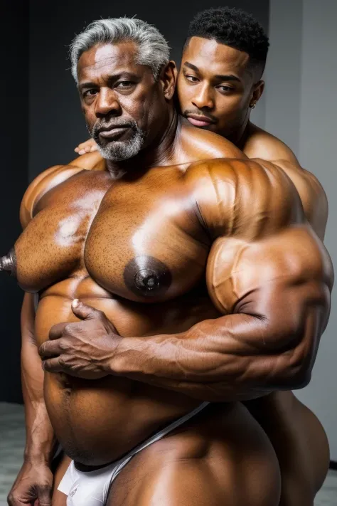 Hyperrealistic image of two black-skinned men on the cover of a gay erotic magazine posing hugging each other like very muscular, grey-haired superheroes., a very old and very sweaty bodybuilder over 80 years old..very muscular and fat, He weighs more than...