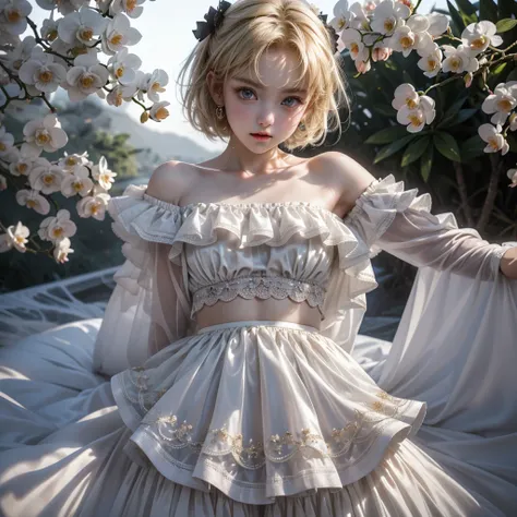 One young beautiful girl。Fair skin、round face、cute。She has a great figure and long, slender legs.。The background is a hill covered with fantastic white Phalaenopsis orchids.、A rainbow appears。Goth Off Shoulder、Off West、Dark blue fabric、Intricate gold decor...