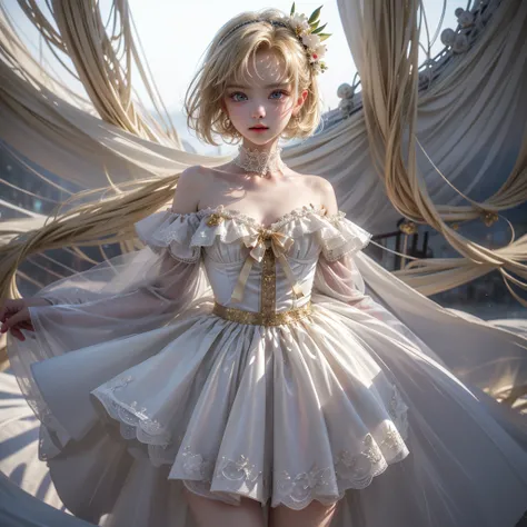 One young beautiful girl。Fair skin、round face、cute。She has a great figure and long, slender legs.。The background is a hill covered with fantastic white Phalaenopsis orchids.、A rainbow appears。Goth Off Shoulder、Off West、Dark blue fabric、Intricate gold decor...