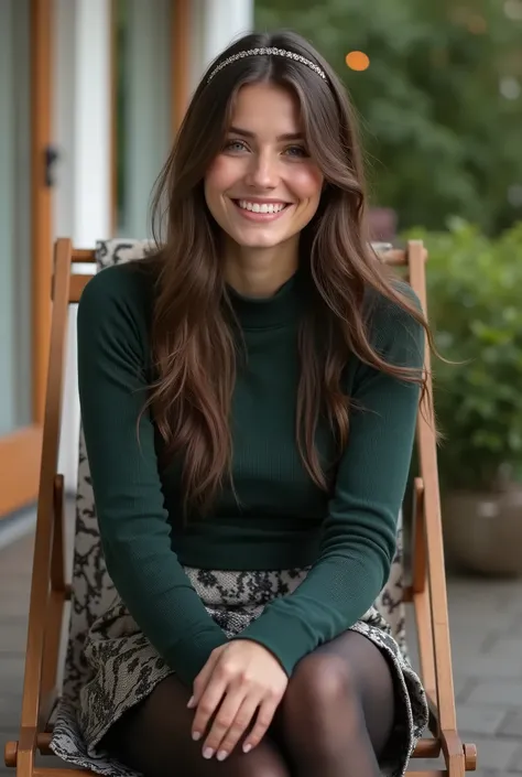 Realistic upper body of a beautiful young 20 years old German woman with long brunette hair, headband, Necklace, smile. Beautiful legs and high heels , She sits on a deck chair, She wears a short darkgreen knitted seater with long sleeves and a snake print...