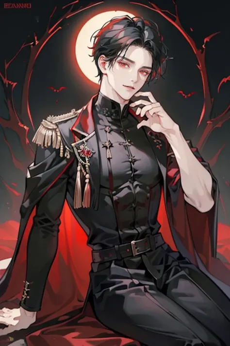 ((1 man)) ((solo)) (detailed)) (Hd face,) (half body,) (clear and detailed eyes)) ((ethereal human being)) ((handsome)) ((black hair)) ((smirking)) ((red eyes)) ((pale skin)) ((slightly muscular)) ((sitting)) ((dark background)) ((wearing a black and red c...