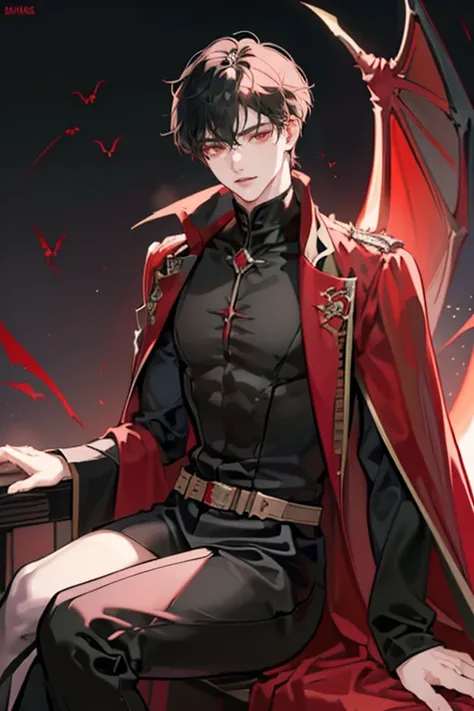 ((1 man)) ((solo)) (detailed)) (Hd face,) (half body,) (clear and detailed eyes)) ((ethereal human being)) ((handsome)) ((black hair)) ((smirking)) ((red eyes)) ((pale skin)) ((slightly muscular)) ((sitting)) ((dark background)) ((wearing a black and red c...