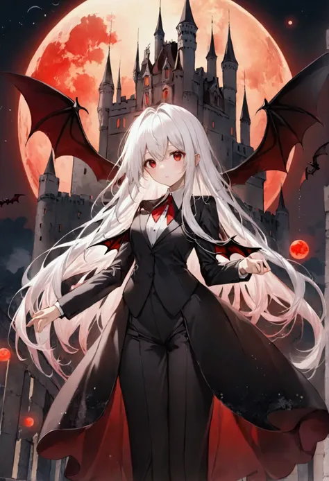 Long white hair, red eyes, red moon, old castle, bat wings, suit, dress