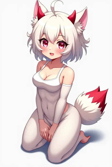 name: White gender: Female
Age: 26 size: 145cm look: 
small, muscular build ,very compact,short white hair quite fluffy with small red horns fur also in the private areas two different eyes the right dark red the left pink she has a fluffy tail in white wi...