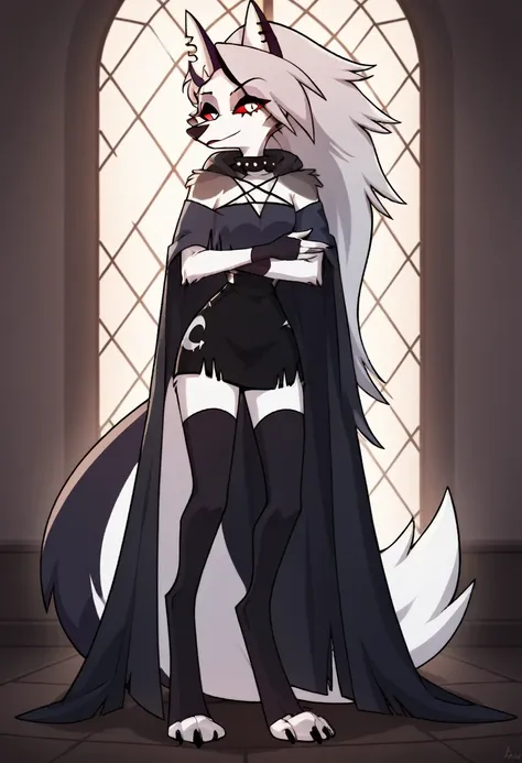 score_9, score_8_up, BREAK, source_anime, (1girl, solo), perfect body, slim, thigh highs, fingerless gloves,
anthro, robe, furry, cape covering full body, pose, sexy, black cape and cloak, hooded on, standing, room
Loona (Helluva Boss), 