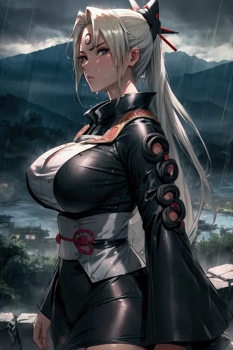 (8k, Best Quality, Dramatic, View your viewers, Intricate details:1.3),(One woman, Tsunade from naruto, Big Breasts, I can see the valley), (White color, Ninja clothing, See-through, Sweating, Standing posture that shows the whole body, Being hit by rain, ...