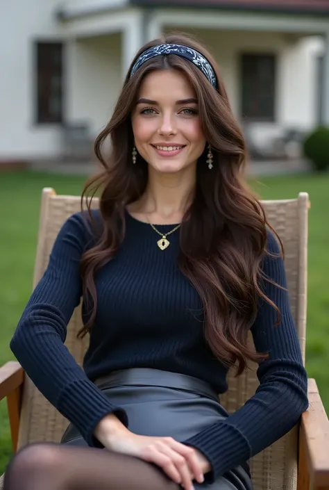 Realistic upper body of a beautiful young 20 years old German woman with long brunette hair, headband, Necklace, smile. Beautiful legs and high heels , She sits on a deck chair, She wears a short darkblue knitted seater with long sleeves and a silver satin...