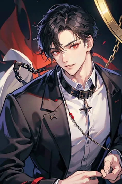 1 male, prisioner, black hair, red eyes, top view, with collar, hands behind back, on his knees, wearing a coat, aggressive, vampire, ethereal, handsome, bowed, looking up, gesugao, evilness, malice and sadism facial expression, cocky smile, threatening sm...