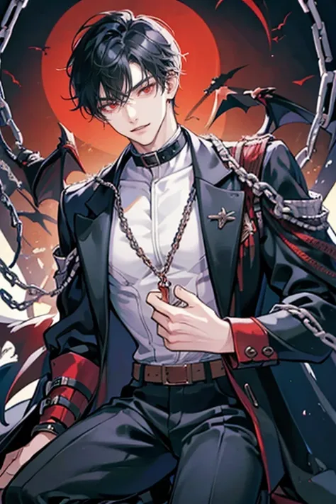 1 male, prisioner, black hair, red eyes, top view, with collar, hands behind back, on his knees, wearing a coat, aggressive, vampire, ethereal, handsome, bowed, looking up, gesugao, evilness, malice and sadism facial expression, cocky smile, threatening sm...