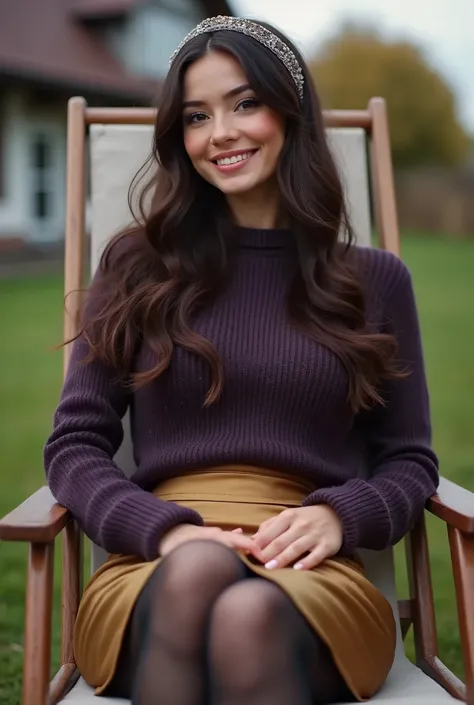 Realistic upper body of a beautiful young 20 years old German woman with long brunette hair, headband, Necklace, smile. Beautiful legs and high heels , She sits on a deck chair, She wears a short darkpurple knitted seater with long sleeves and a golden sat...