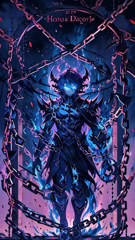 Tartarus,Shadow Prison,anime, Apocalypse, Restrained by chains,Shadow from the Persona series,Dark World,Demon God with a body of blue flame,