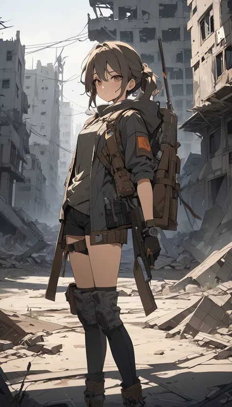 masterpiece, Best Quality, High resolution, Very detailed, Anime Style, Flat Design,  Abandoned City, Post-apocalyptic, One girl, solo,  Cowboy Shot, Standing, Gunslinger, shout, Ash&#39;s Short Hair, Bangs parted to the left and right, Tank tops, Cropped ...