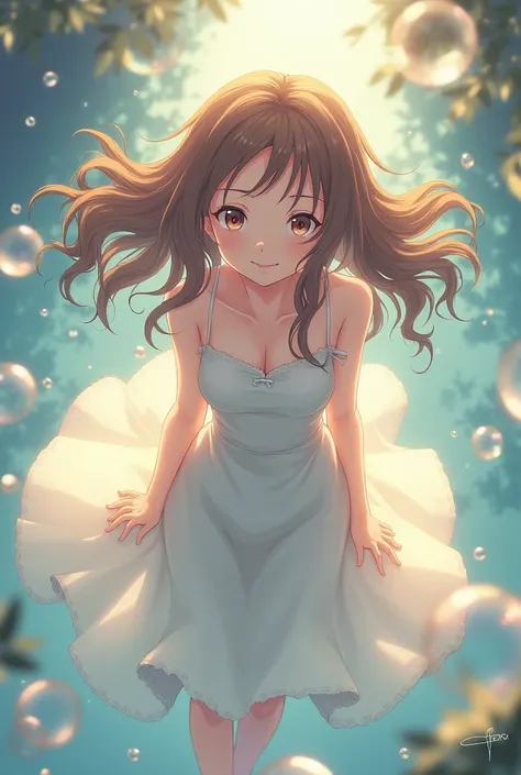 anime key visual, 1 girl fullbody, solo, symmetrical face, front view, looking at camera, smile, waved hair, surrounded by bubbles, floating in the air, glowing, masterpiece, best quality, dreamy, Azumanga Daioh