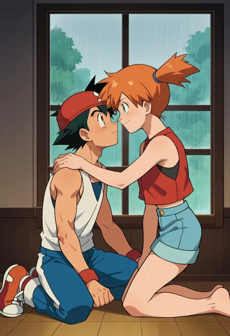 1boy, black hair, short hair, brown eyes, hair between eyes, ash ketchum, shirtless, blue pants, handsome boy, macho, good looking boy, muscular boy 1girl, misty pokémon, orange hair, long hair, hair down, green eyes, short dress, mini skirt, pretty, beaut...