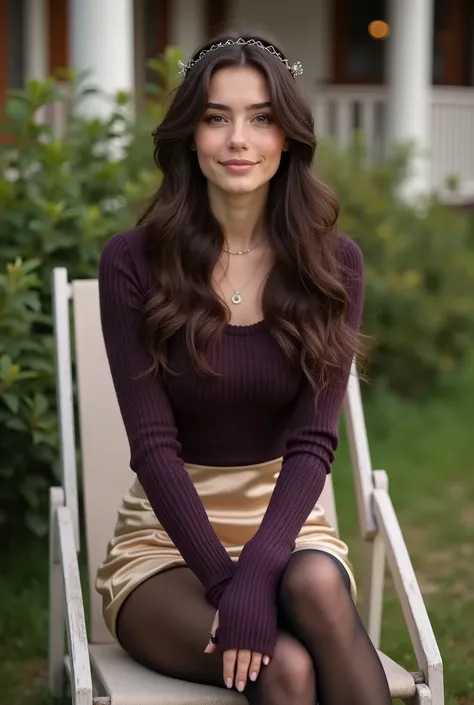 Realistic upper body of a beautiful young 20 years old German woman with long brunette hair, headband, Necklace, smile. Beautiful legs and high heels , She sits on a deck chair, She wears a short darkpurple knitted seater with long sleeves and a light gold...