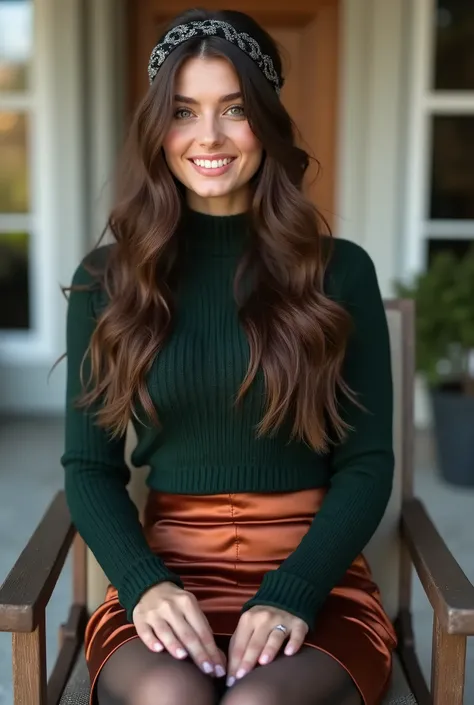 Realistic upper body of a beautiful young 20 years old German woman with long brunette hair, headband, Necklace, smile. Beautiful legs and high heels , She sits on a deck chair, She wears a short darkgreen knitted seater with long sleeves and a copper sati...