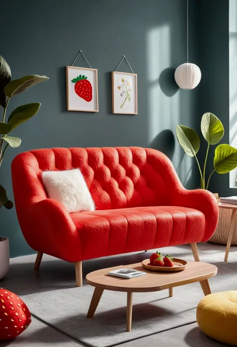 very strong felt style:1.59.There is a red sofa， Plush furniture, strawberry, Red velvet furniture, Designed for comfortable aesthetics!, Product Design Lens, Official product photos