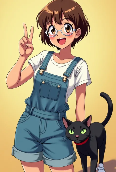 In the 90s anime style, create a cheerful young adult woman with a slightly curvy figure and short brown hair styled in a pixie cut. She is wearing white glasses, denim overalls, a white t-shirt underneath, white socks, and normal sneakers. She is smiling ...