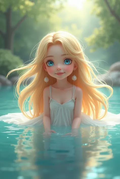 Lake spirit girl appearance quiet child cartoon style high resolution, blue eyes, Blonde, Long Hair, Hair blowing in the wind, Earrings, smile, 