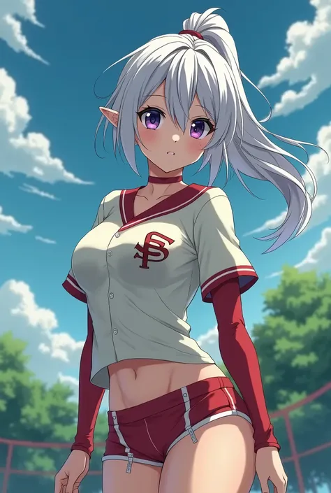 HD、Animation style、white hair 、Purple Eyes、girl、plump breasts 、High school student 、single ponytail、Baseball player、Light color short sleeve top、Long sleeve red underwear、Good shape、Thin、sash、Sky、cloud、sunny、plump breasts、Navel exposed、dazzler、Breasts expo...