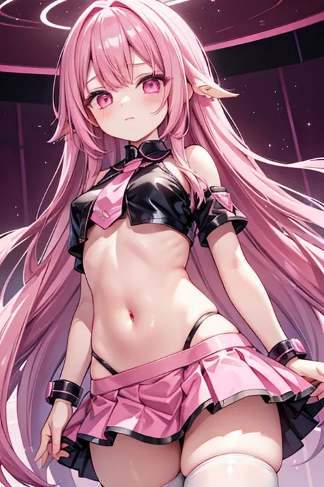 shiny clothes, midriff, navel, pink clothes, mini skirt, thighhighs, large breats, long hair, pink hair, pink eyes, 